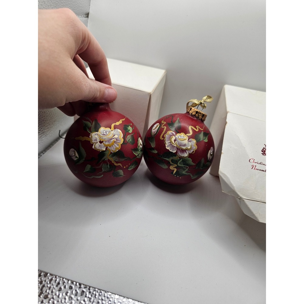 Vintage Hand Painted Floral Glass Christmas Ornaments Red Gold Set of 2 2002